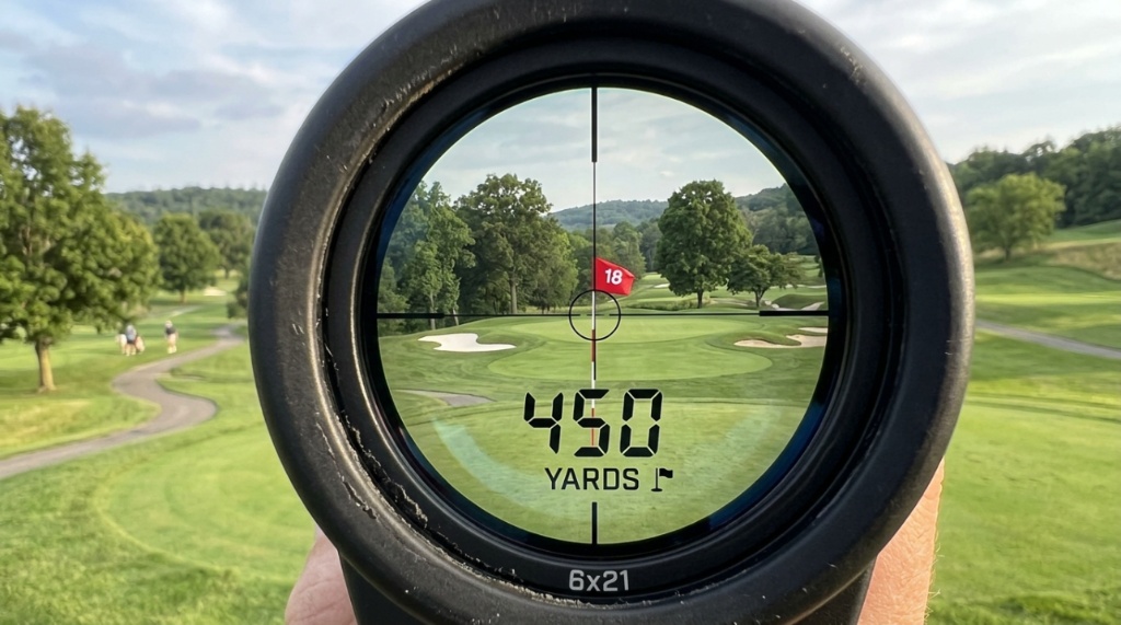 View through golf rangefinder lens showing yardage display targeting distant green flag.