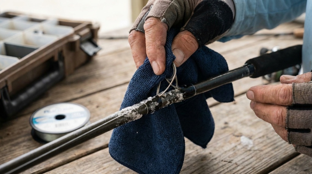 Saltwater fishing reel with ocean spray on a boat deck.