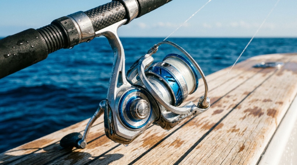 Cleaning saltwater fishing rod guide with microfiber cloth.