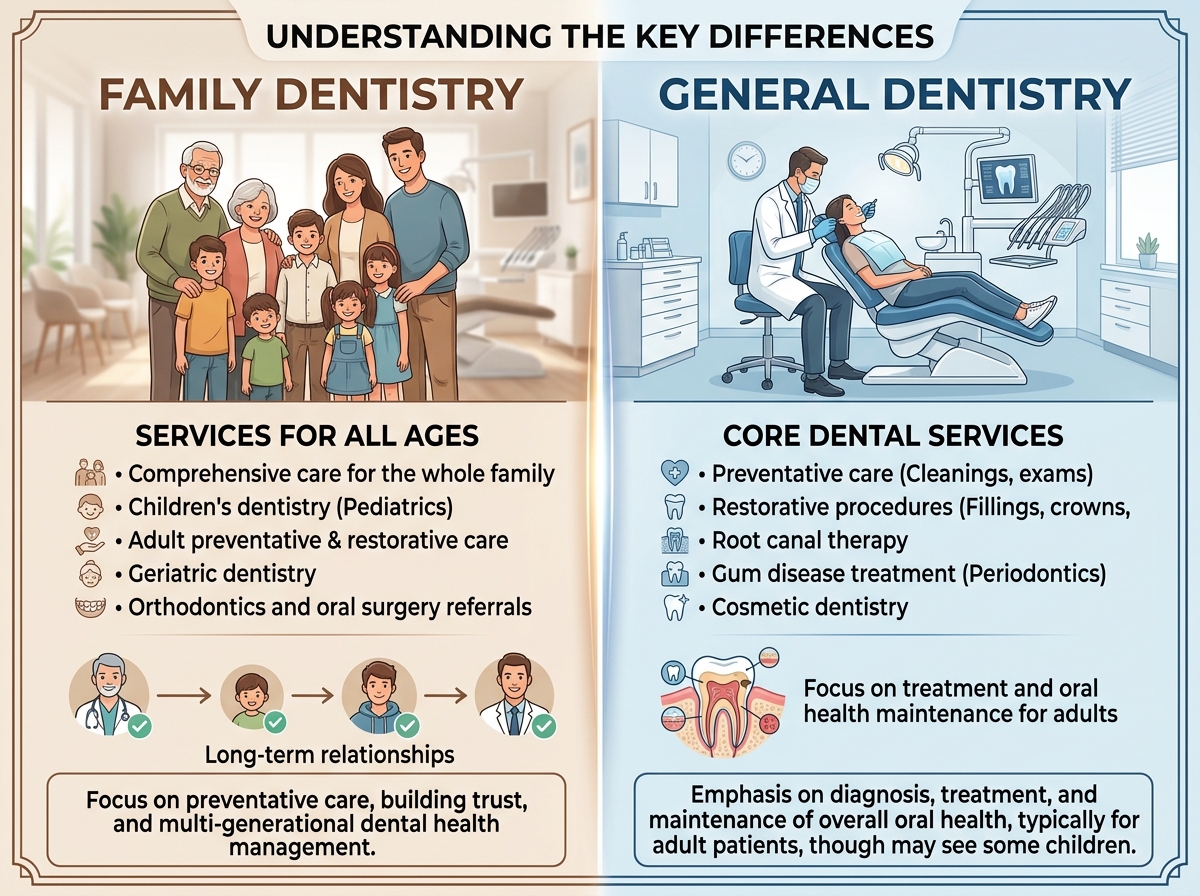 Family Dentistry vs. General Dentistry: What's the difference? Explore age coverage, services, and convenience to pick the best dental care for your family.