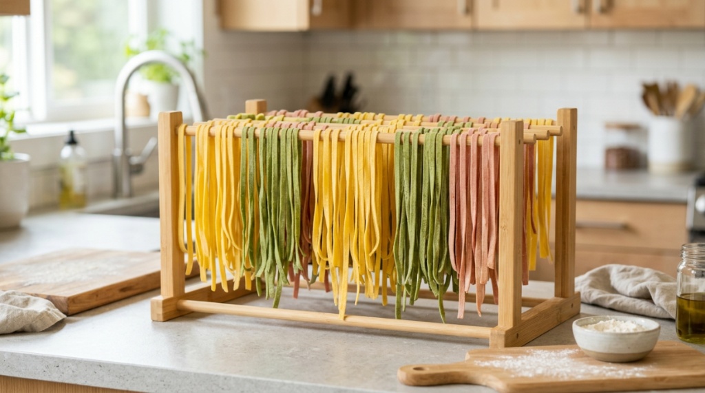 Fresh handmade tagliatelle pasta drying on a bamboo rack on a clean kitchen counter.