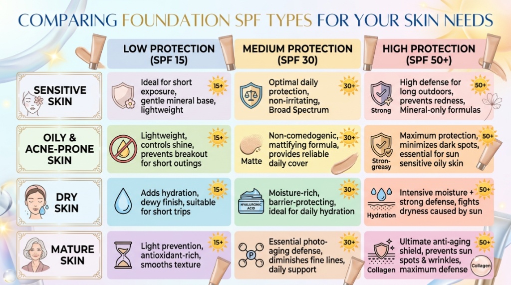 Infographic chart comparing foundation SPF types for different skin needs.