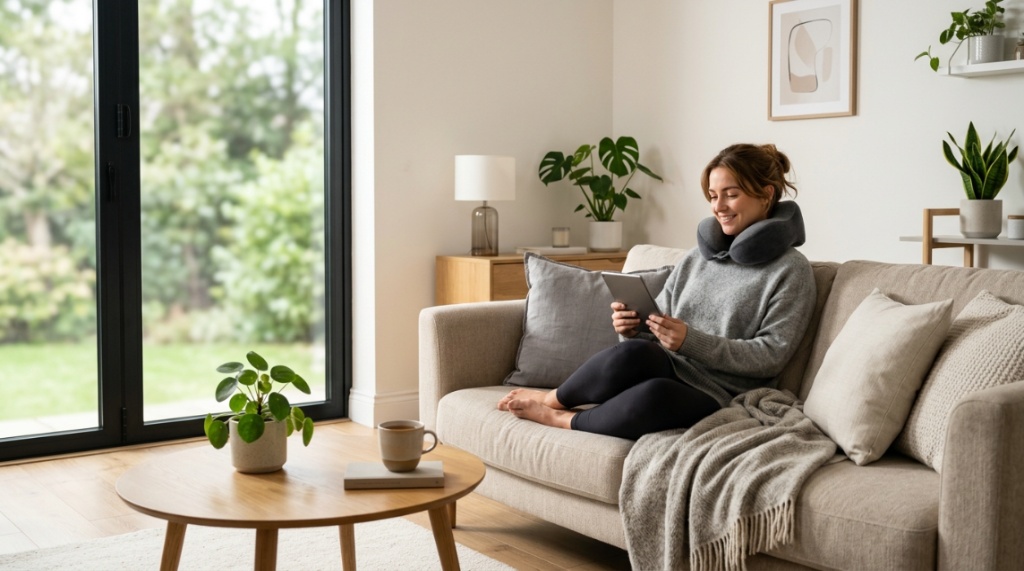 A person relaxing on a sofa using a compact ergonomic neck pillow.