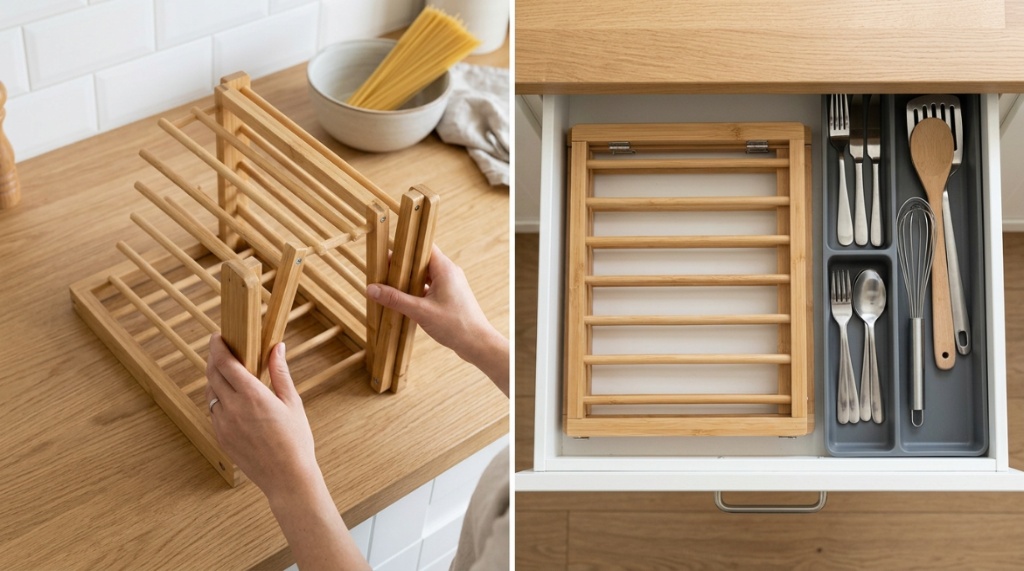 A collapsed wooden pasta drying rack stored flat inside an open kitchen drawer.