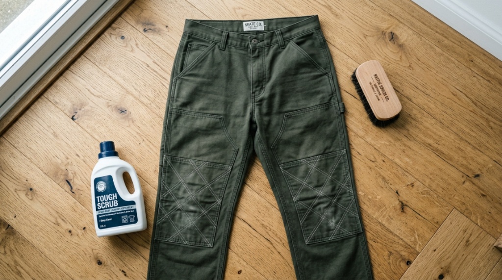 Clean skate pants hanging to dry on an outdoor clothesline.