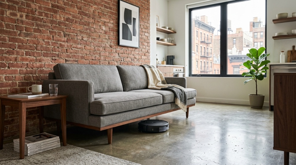White robot vacuum navigates around dining chair legs in a small room.