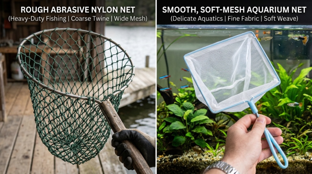 Hands carefully transferring a betta fish using a soft fabric net.