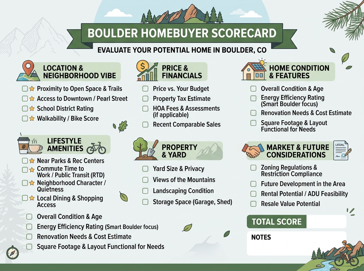 Buying a home in Boulder? Use the 2026 Boulder Homebuyer Scorecard to compare properties, evaluate market trends, and make confident real estate decisions.