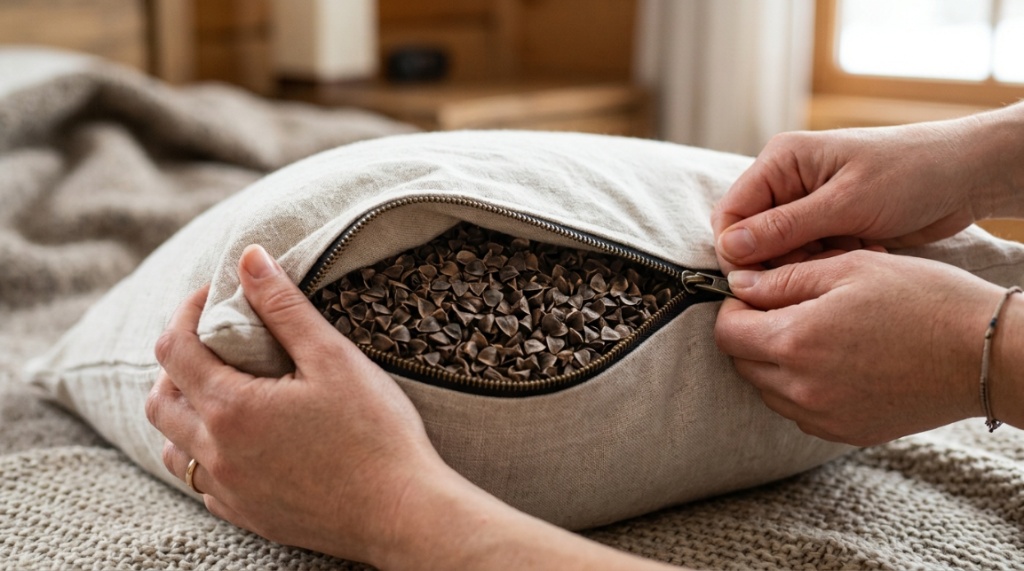 Hands opening a buckwheat pillow to show organic hulls