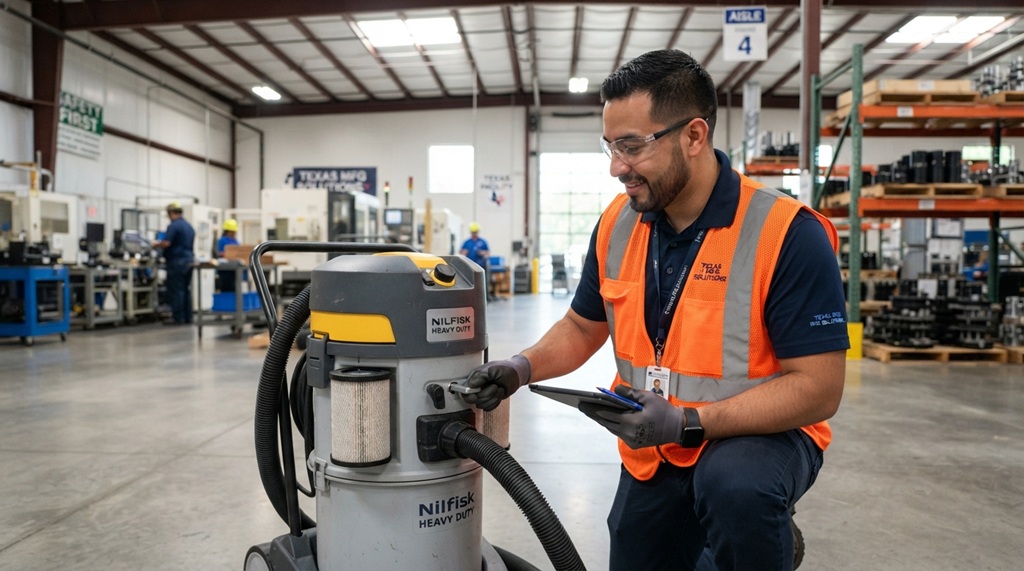 A man in a warehouse operating an industrial vacuum unit.