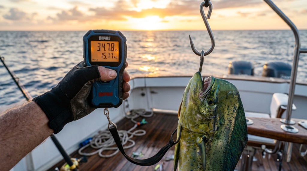 Angler using a portable fish scale for saltwater catch.