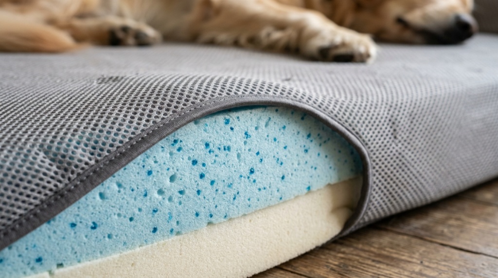 Close-up of breathable mesh fabric on a gel-infused dog mattress.