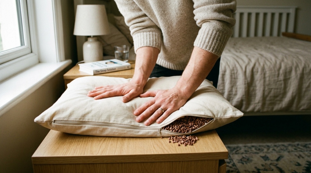 Ergonomic buckwheat pillow resting on a California bed