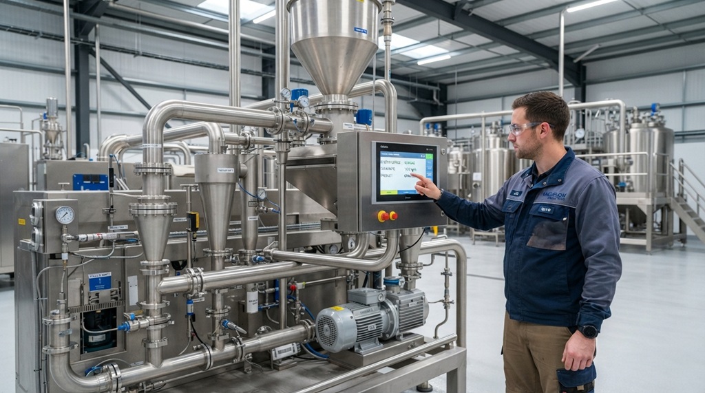 A male technician inspecting a commercial vacuum conveying setup.