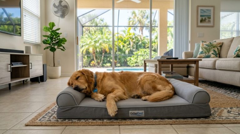 Golden retriever relaxing on a cooling orthopedic dog bed indoors