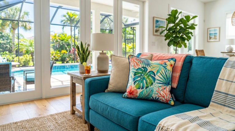 Bright living room couch featuring durable, fade-resistant throw pillows.