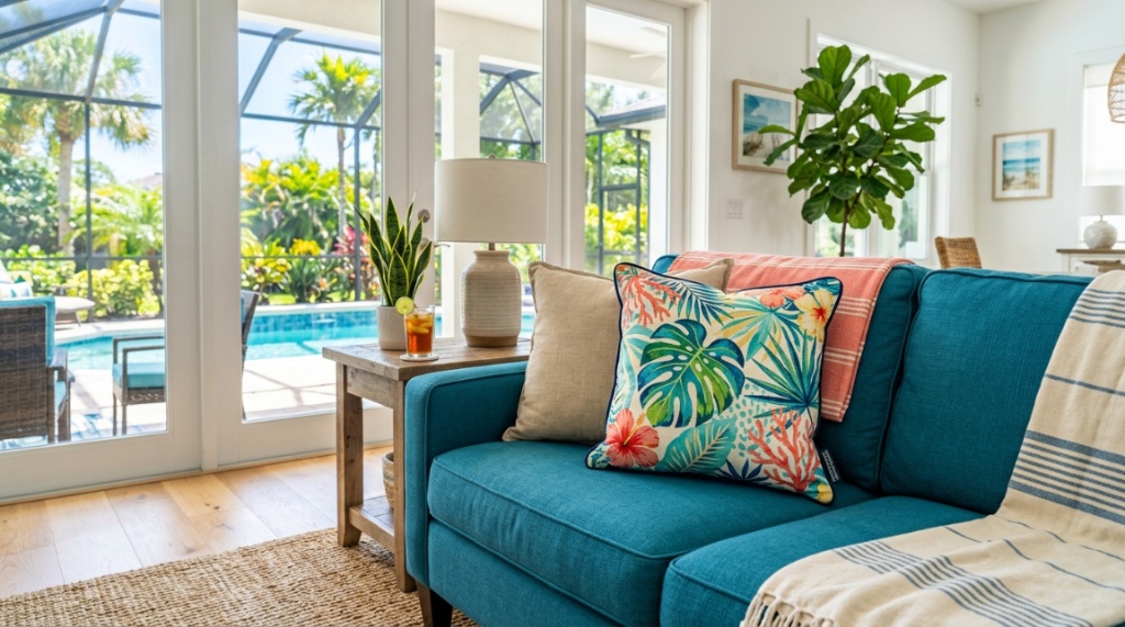 Bright living room couch featuring durable, fade-resistant throw pillows.