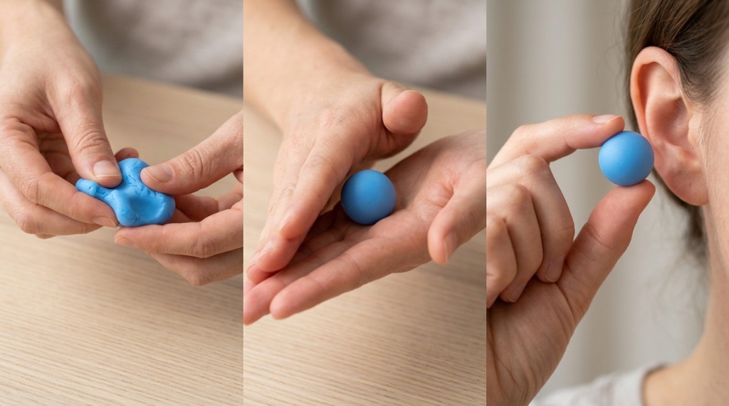 Hands shaping moldable silicone ear plug into a ball.