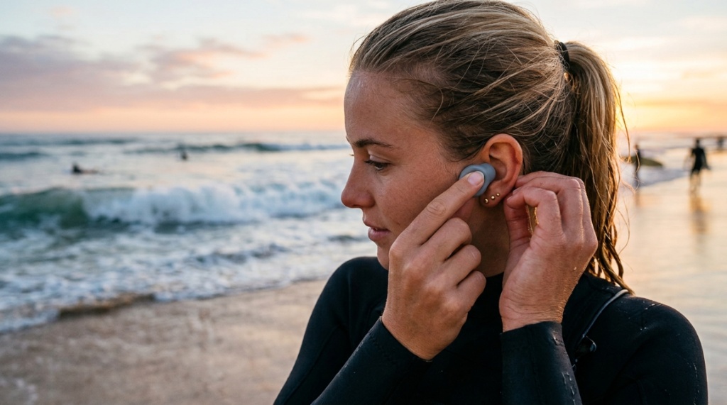 Surfer molding silicone ear plugs before heading into the ocean.