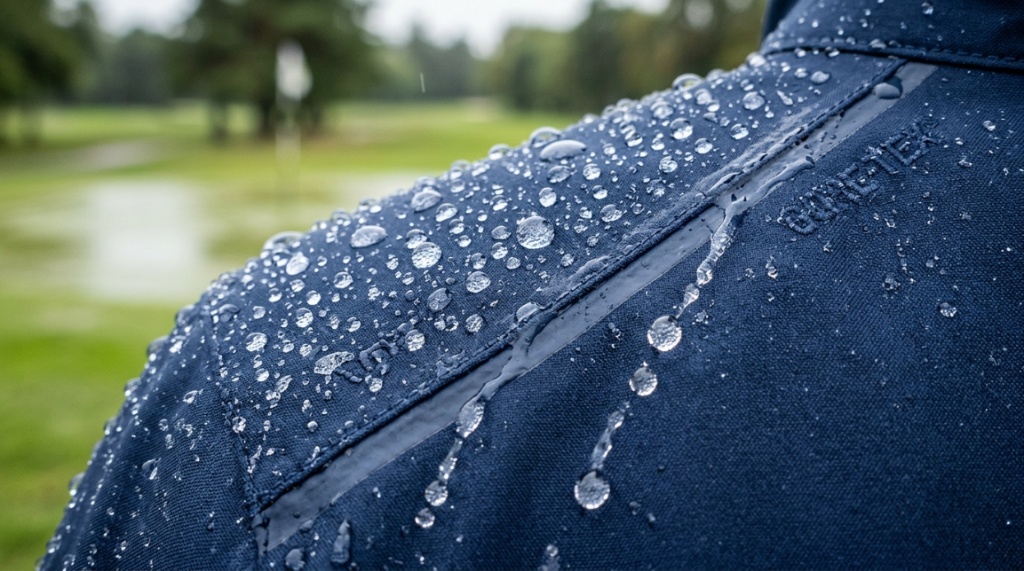 Water droplets beading and rolling off a waterproof golf jacket fabric.