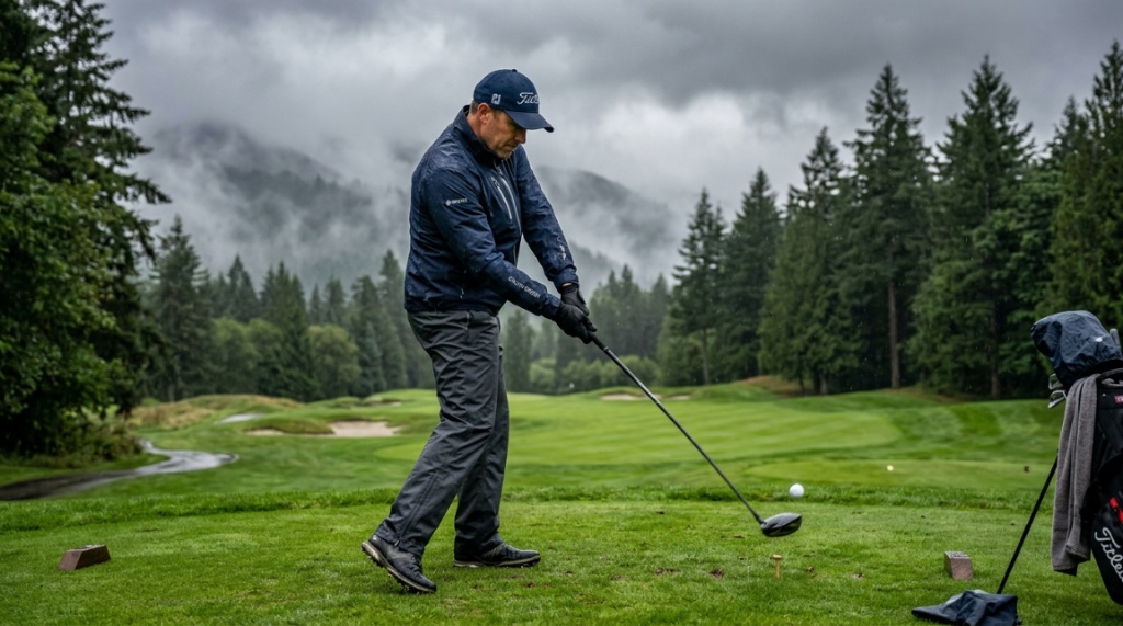 Golfer swinging on a misty, overcast Washington golf course while wearing waterproof rain gear.