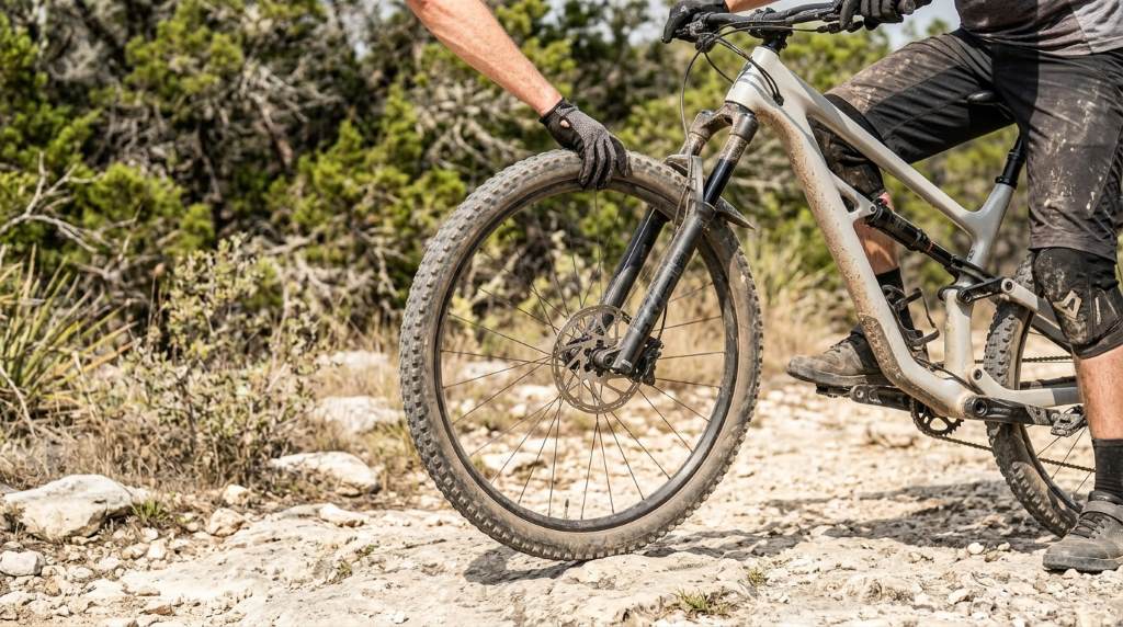 Cyclist checking loose headset on mountain bike