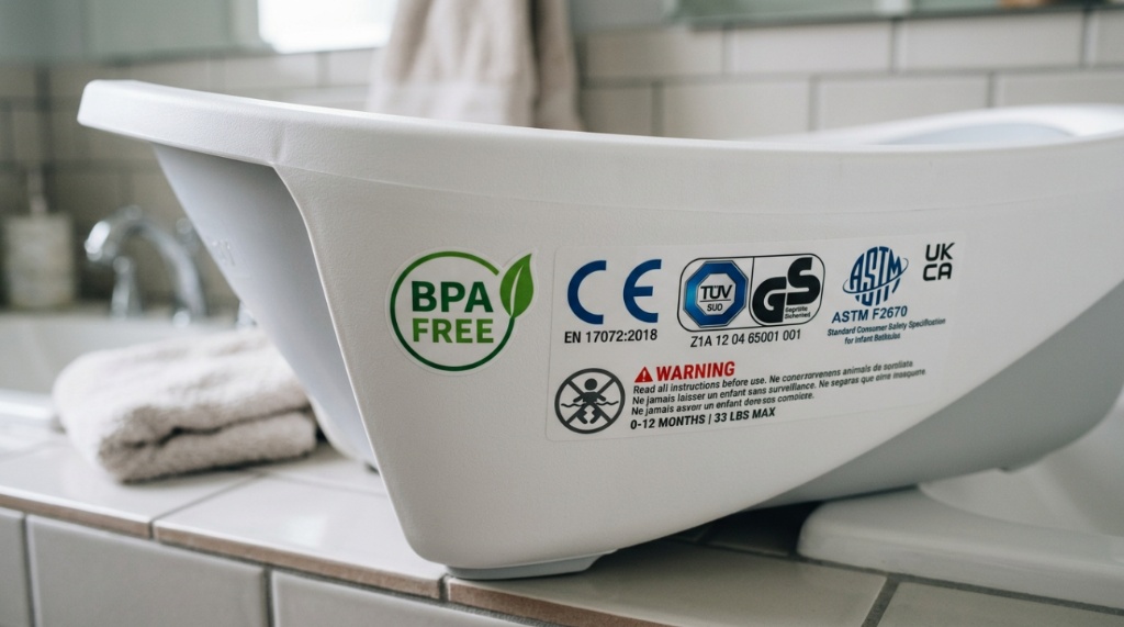 Close-up of safety certification label on a non-toxic infant bathtub.