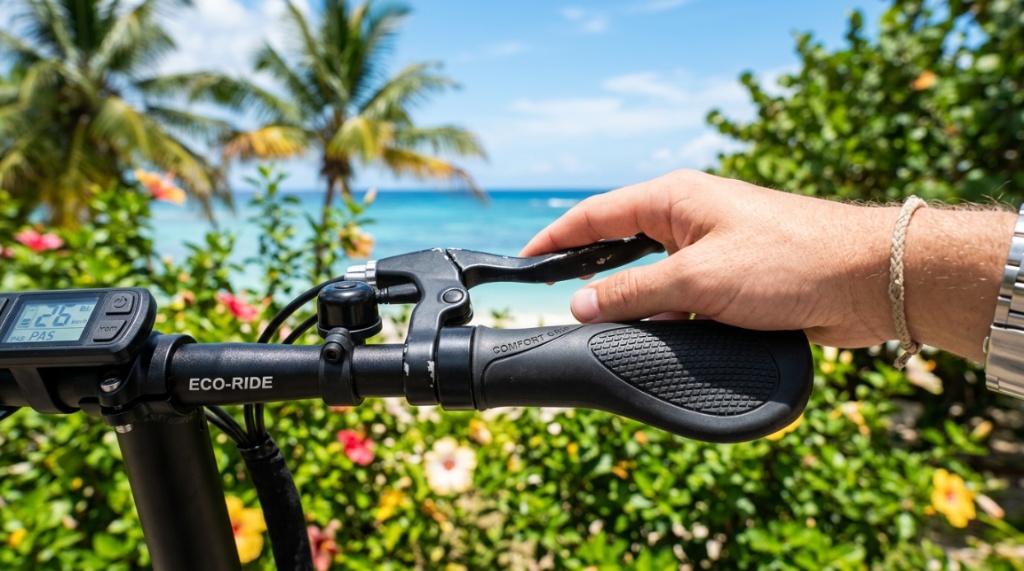 Close-up of ergonomic scooter handlebars designed for comfortable riding.