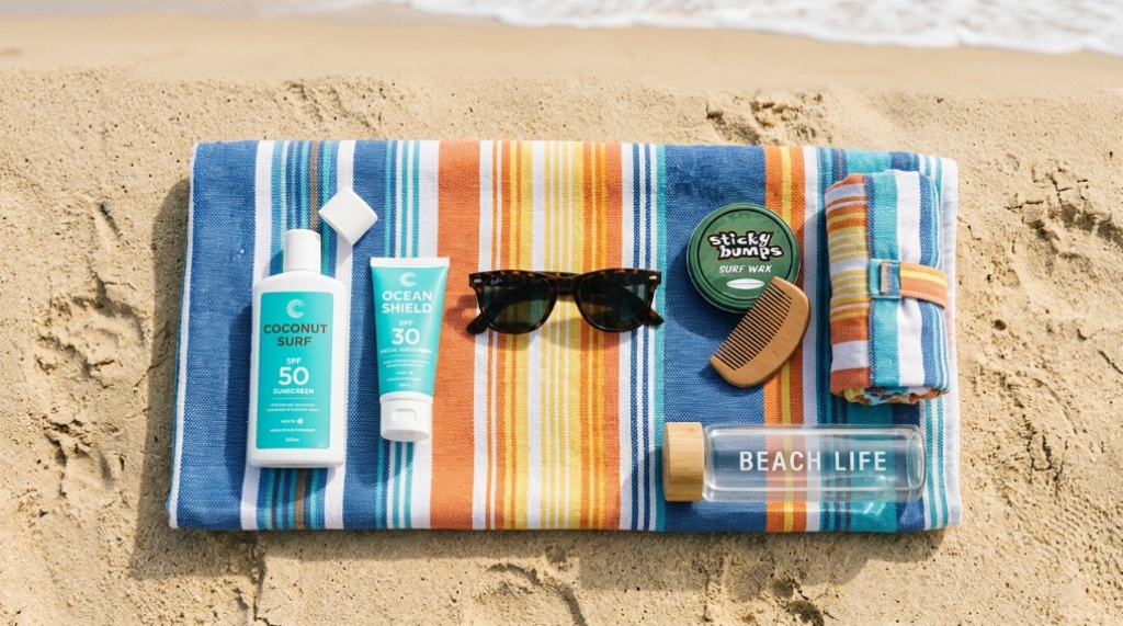 Flat lay of essential surf gear arranged neatly on a towel.