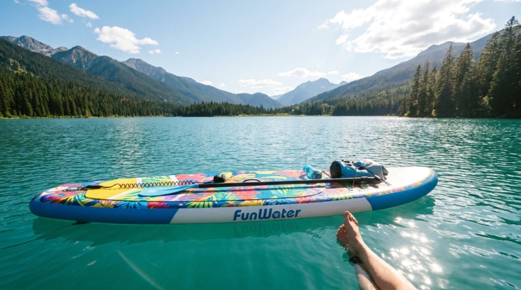Colorful FunWater paddleboard floating on a calm sunny lake.