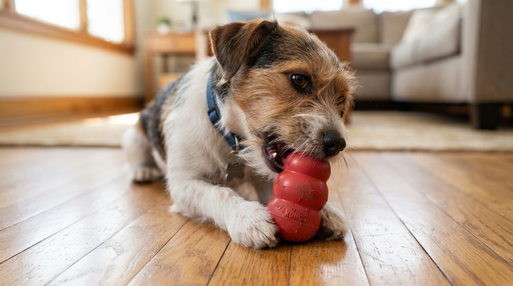 A small dog chewing a durable green rubber toy on a wooden floor indoors.