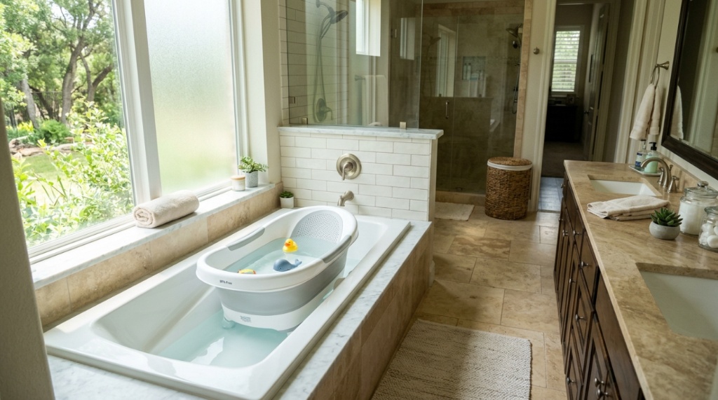 Mother bathing her happy infant in a safe, non-slip baby bathtub at home.