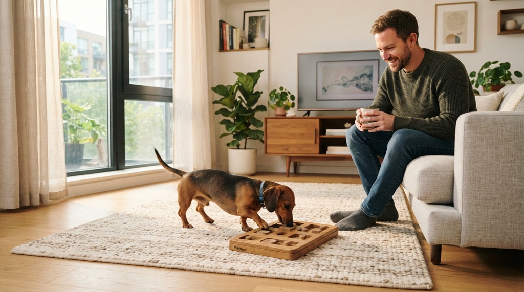A man sitting on a couch watching his dog play with a wooden puzzle toy.