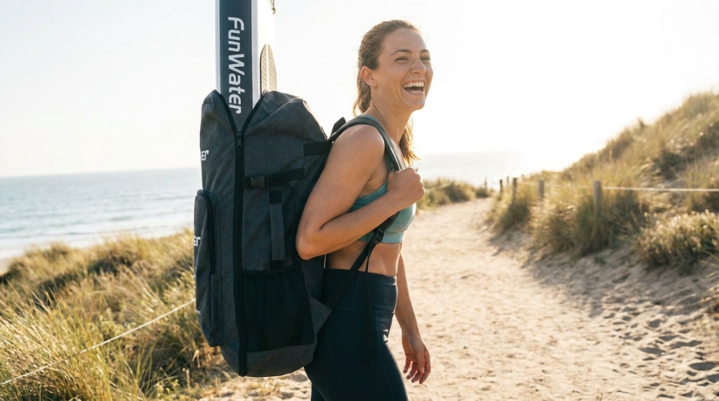 Woman carrying packed FunWater paddleboard backpack near the beach.